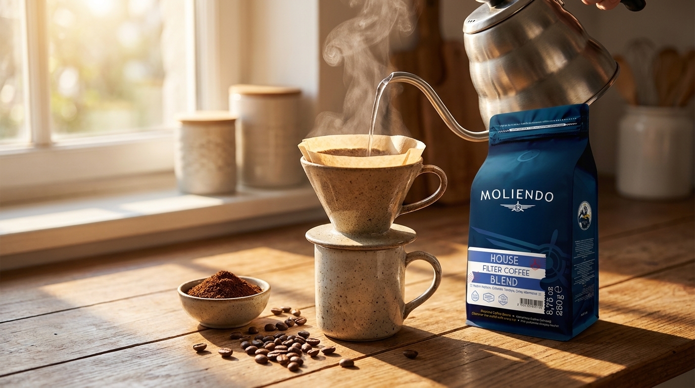 Makinesiz filtre kahve demleme ve Moliendo House Filter Coffee Blend