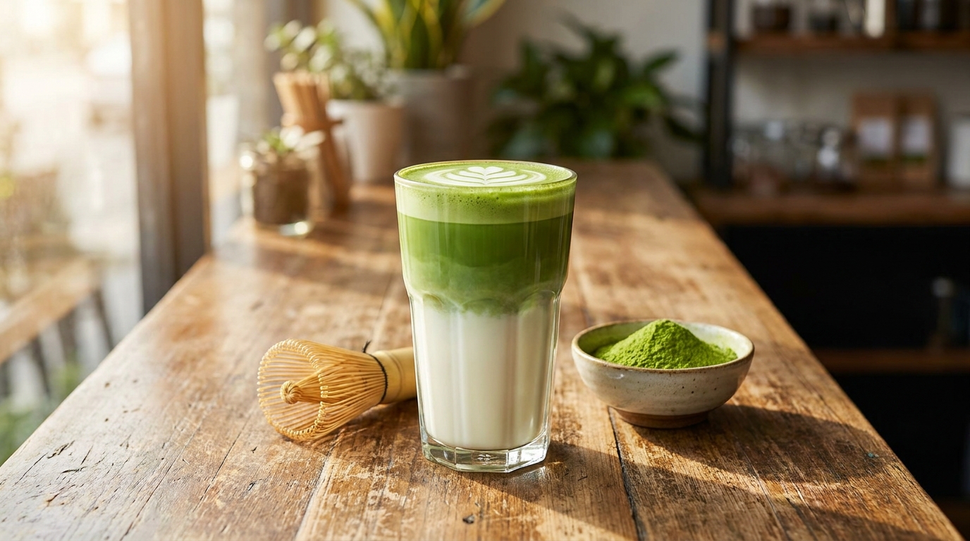 Katmanlı matcha latte, yanında bambu çırpıcı ve matcha tozu