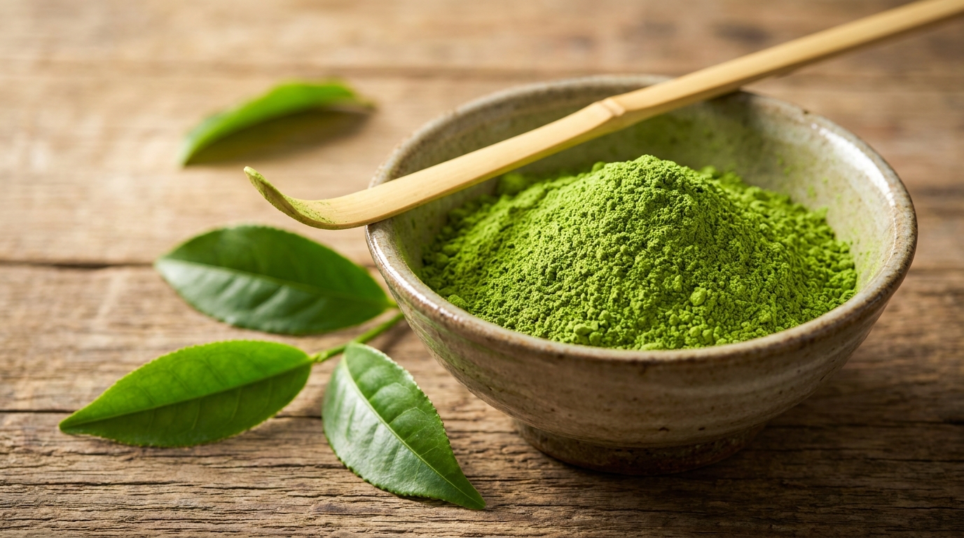 Canlı yeşil ince matcha tozu ve gölgede yetişen yeşil çay yaprakları