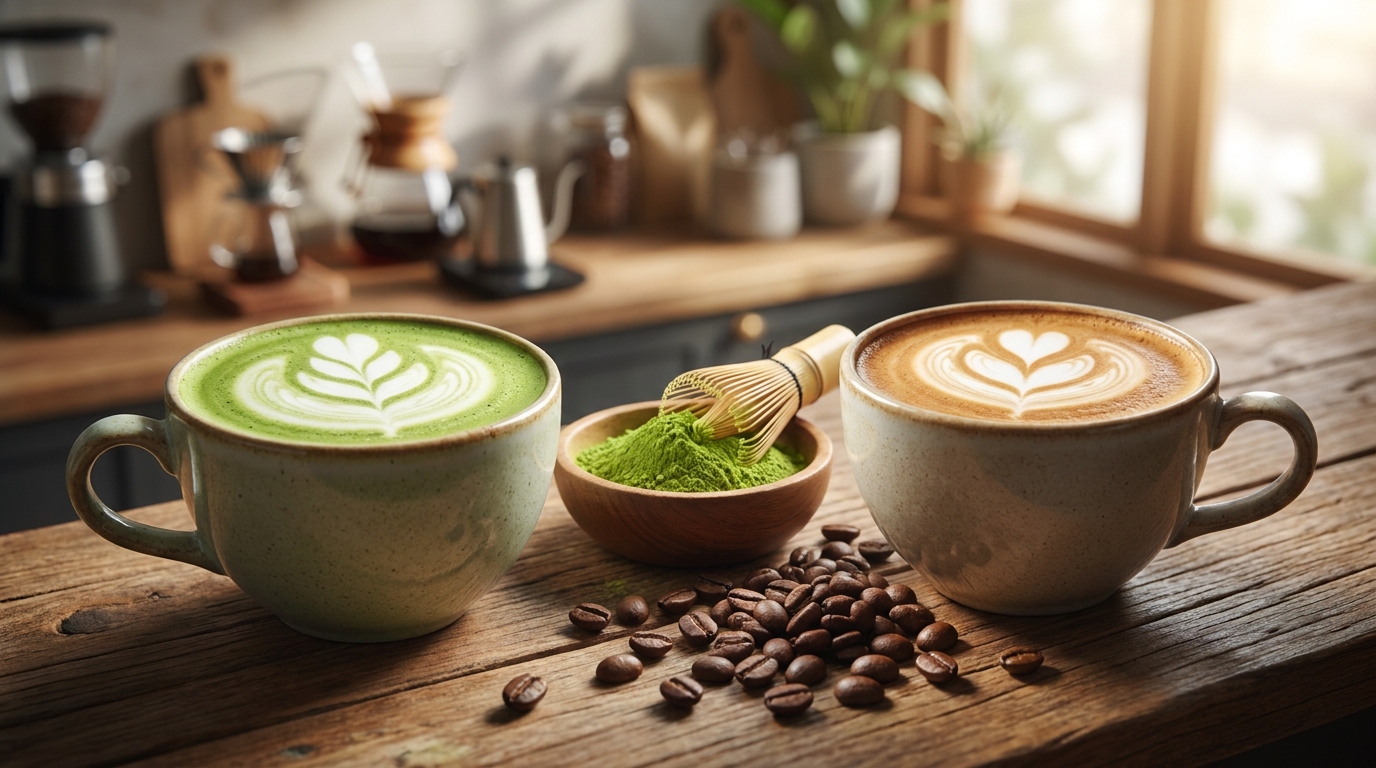 Yan yana matcha latte ve kahve karşılaştırması