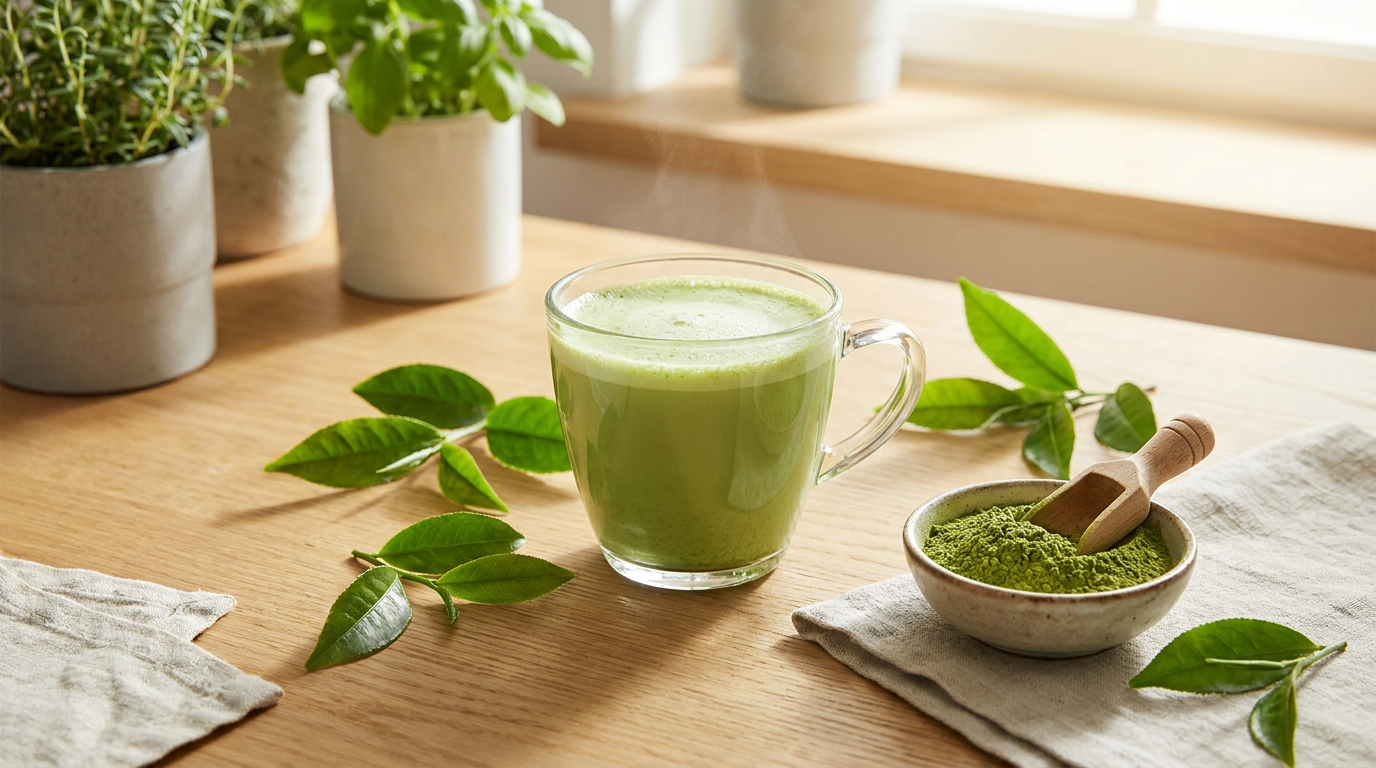 Yeşil çay yaprakları ve matcha tozuyla sağlıklı matcha latte