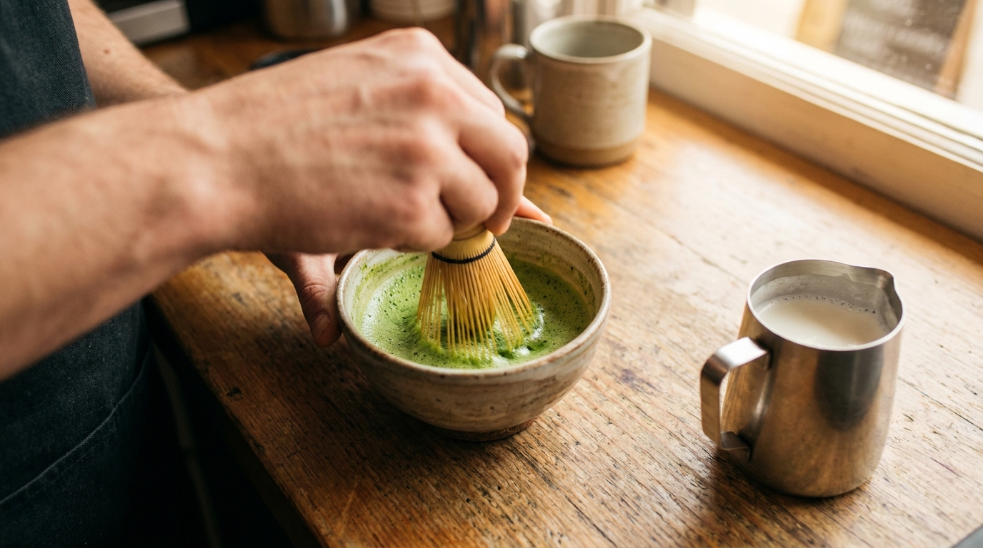 Bambu çırpıcıyla matcha ve suyu köpürtme adımı