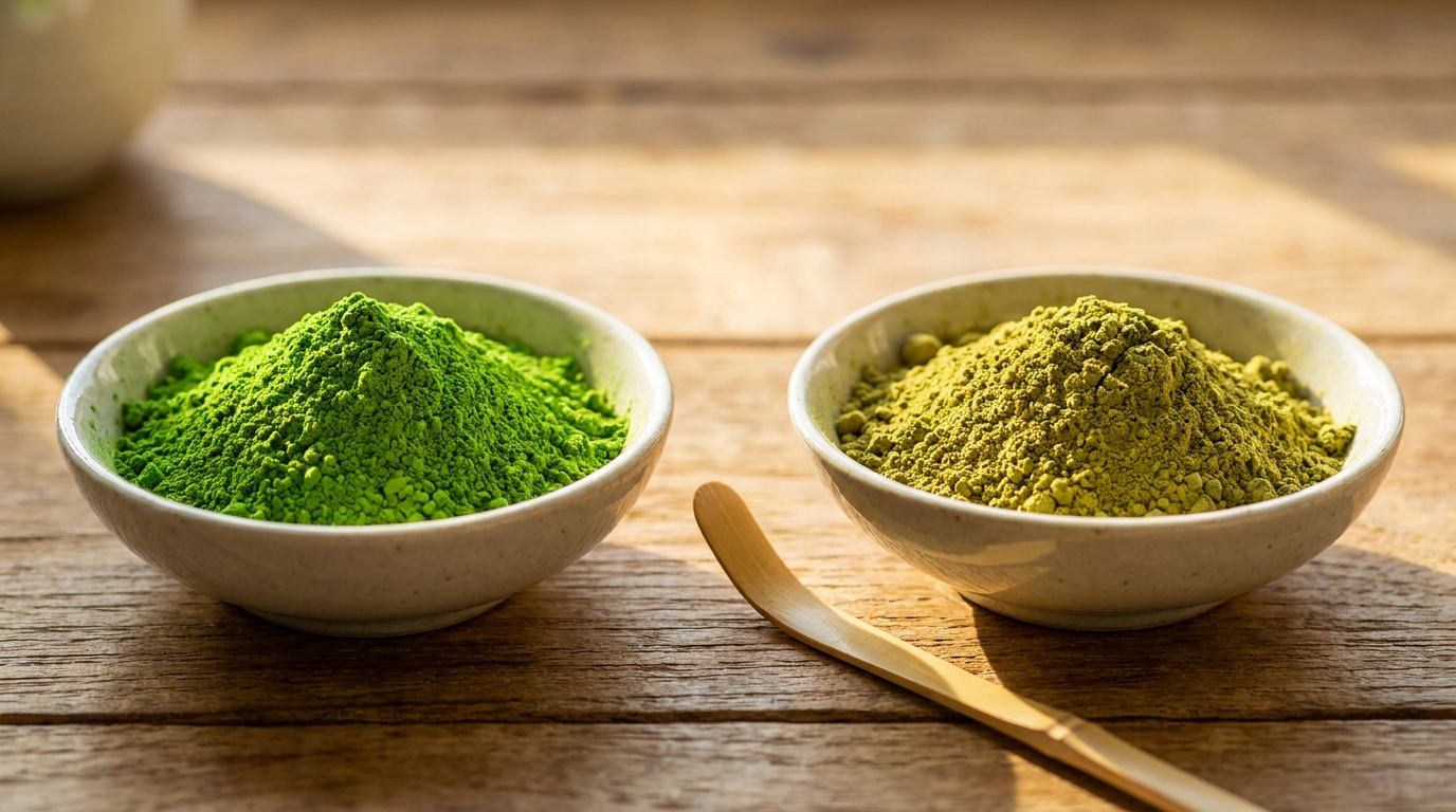 Kaliteli ve düşük kaliteli matcha tozu renk karşılaştırması