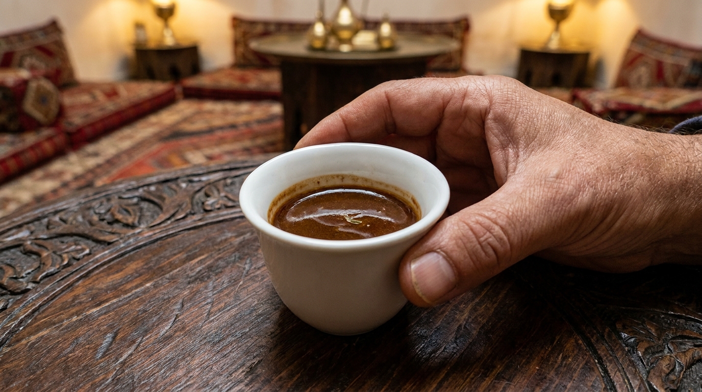 Küçük kulpsuz fincanda koyu renkli ve yağlı görünümlü mırra kahvesi