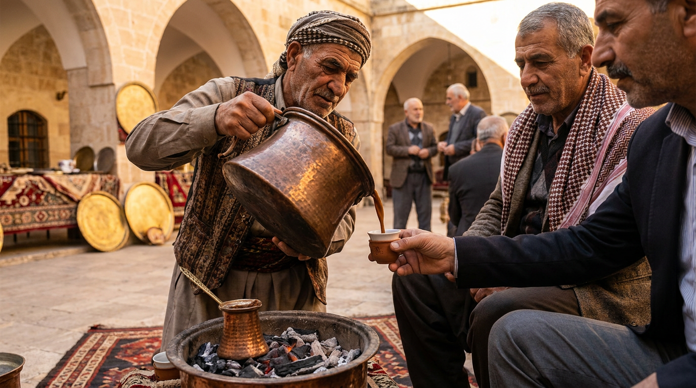 Urfa'da geleneksel bakır kaplarda mırra hazırlanması ve ikram edilmesi
