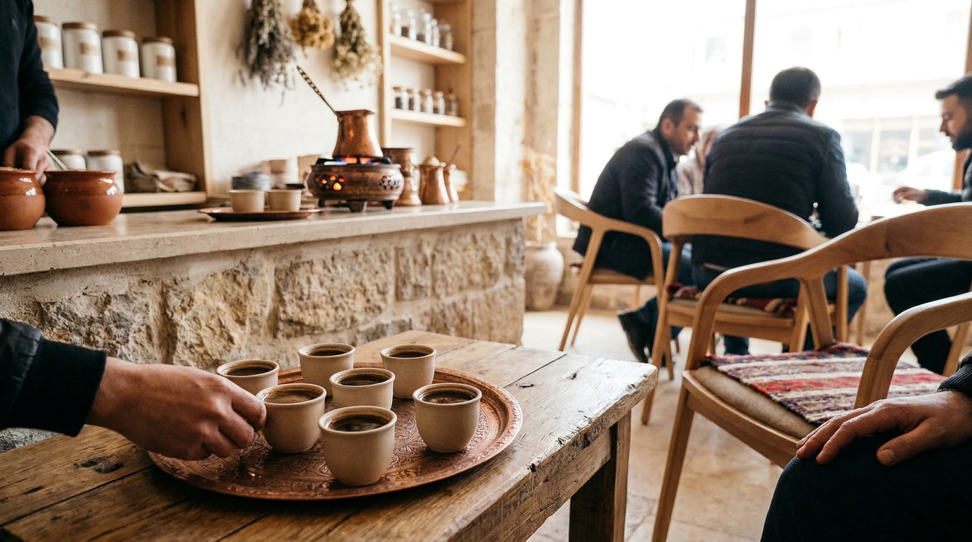 Günümüzde bir kahve mekanında turistlere sunulan geleneksel mırra kahvesi