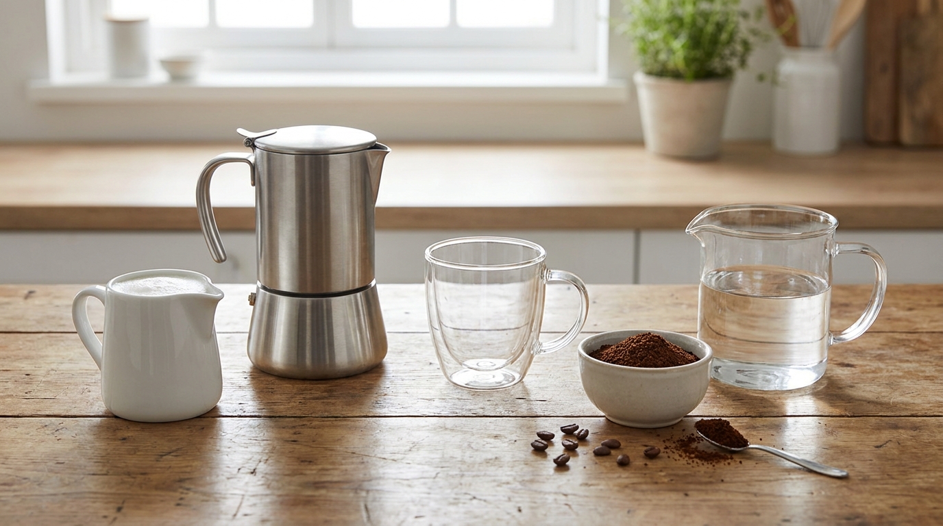 Moka pot ve süt sürahisiyle evde misto kahve hazırlama adımları