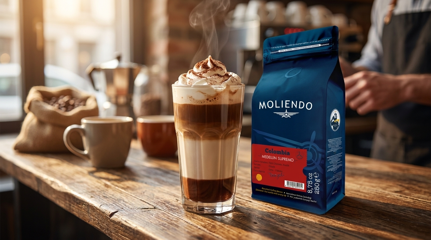 Katmanlı ve krem şantili mocha, yanında Moliendo Colombia Medellin Supremo