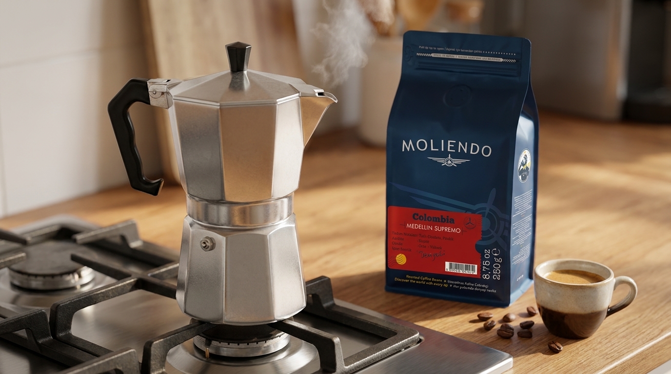 Ocakta klasik alüminyum moka pot, yanında Moliendo Colombia Medellin Supremo