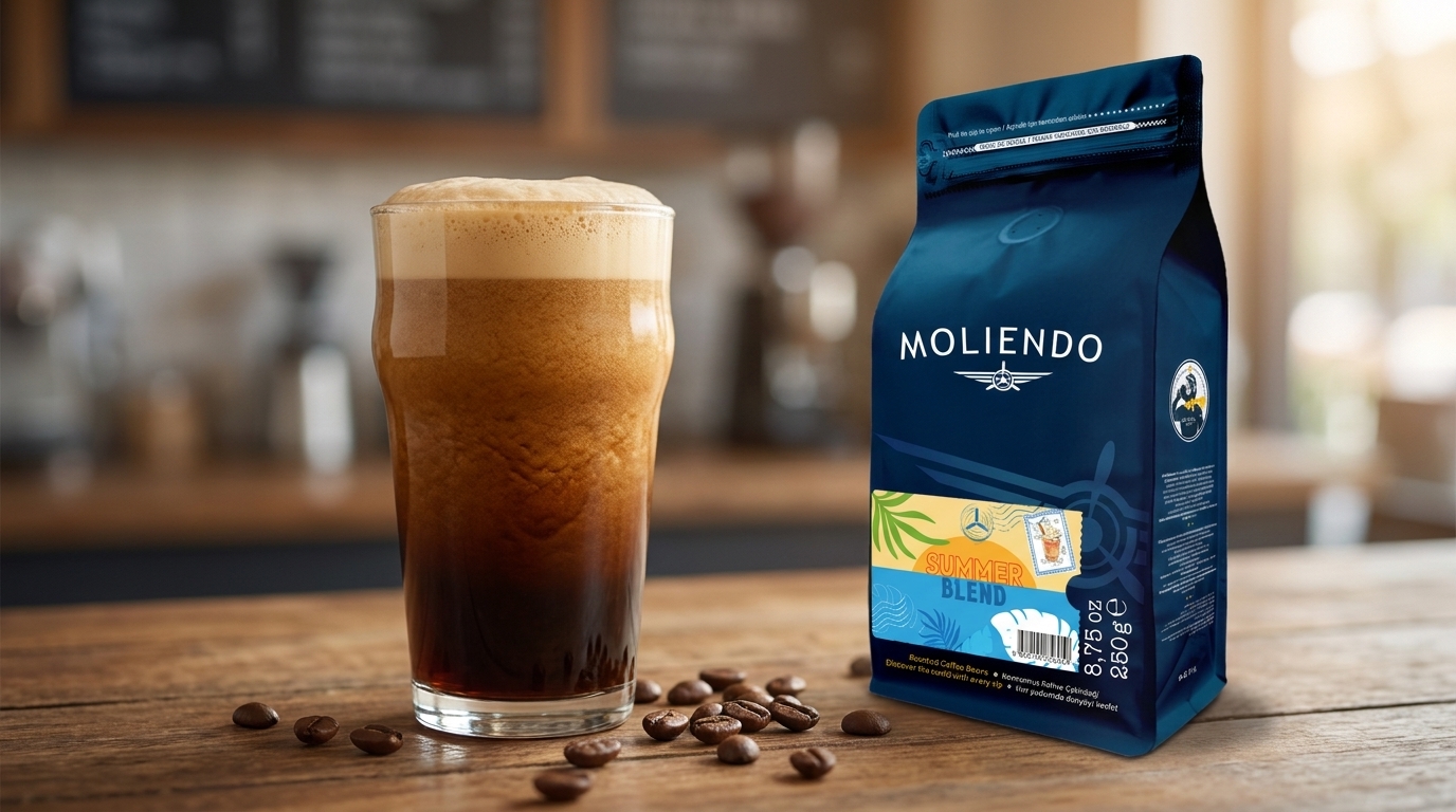 Kremsi köpüklü nitro cold brew, yanında Moliendo Summer Blend