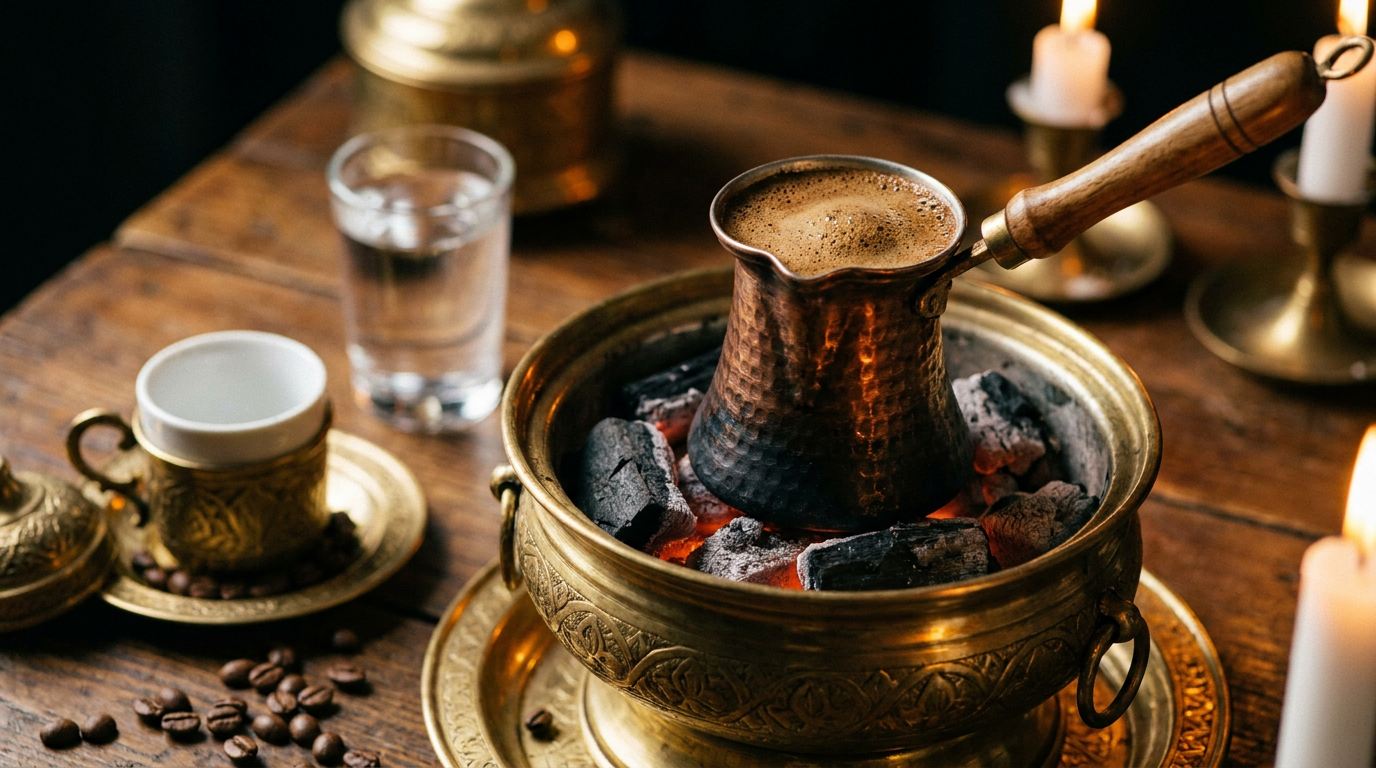 Osmanlı usulü bakır cezvede pişen Türk kahvesi ve zarflı fincan