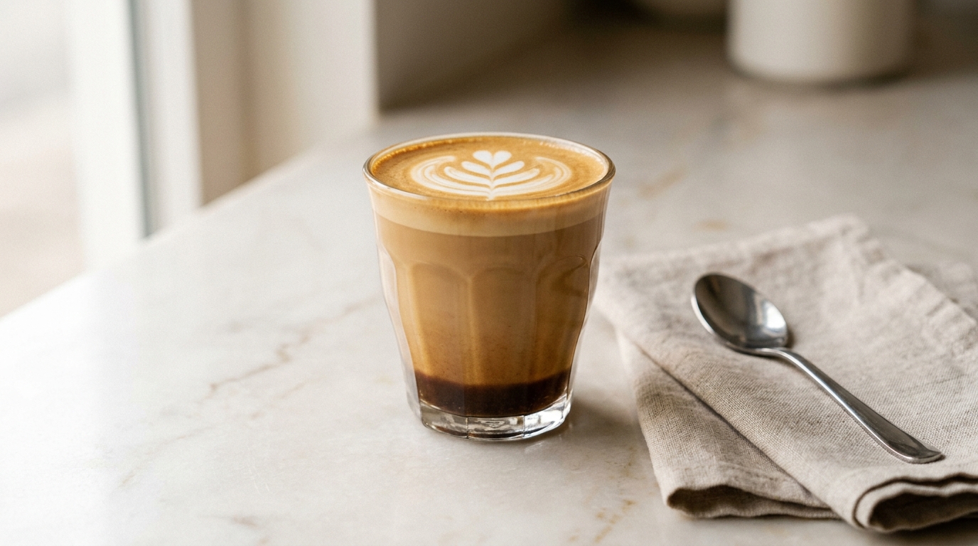 Küçük cam bardakta servis edilen piccolo latte