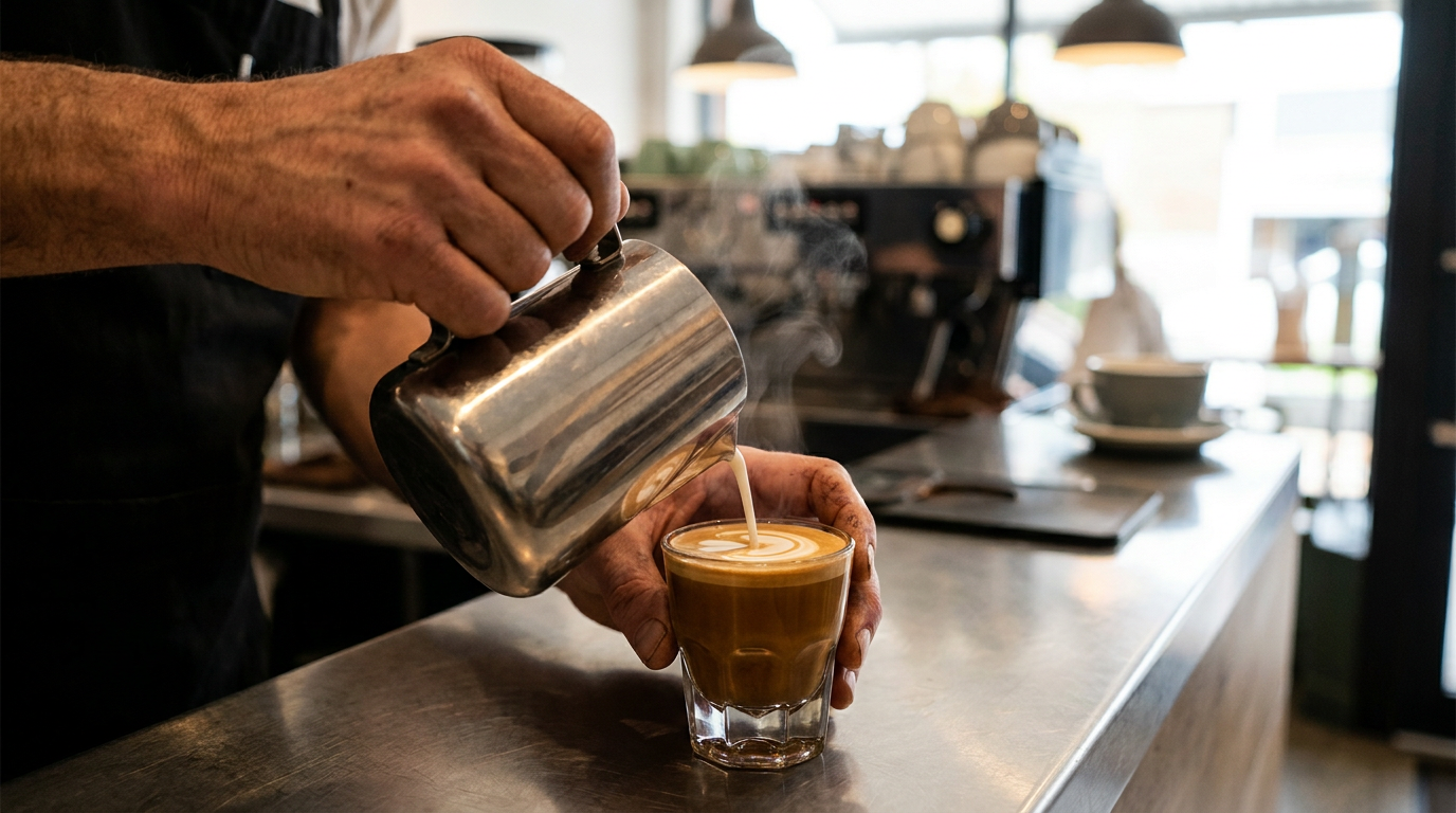 Barista'nın espresso üzerine buharlanmış süt dökmesi