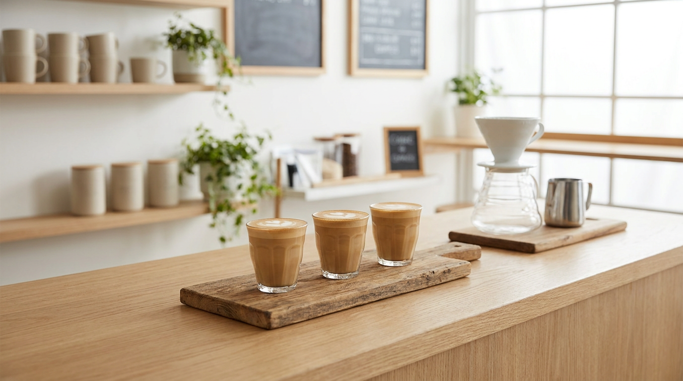 Modern bir kafe tezgahında servise hazır piccolo latteler