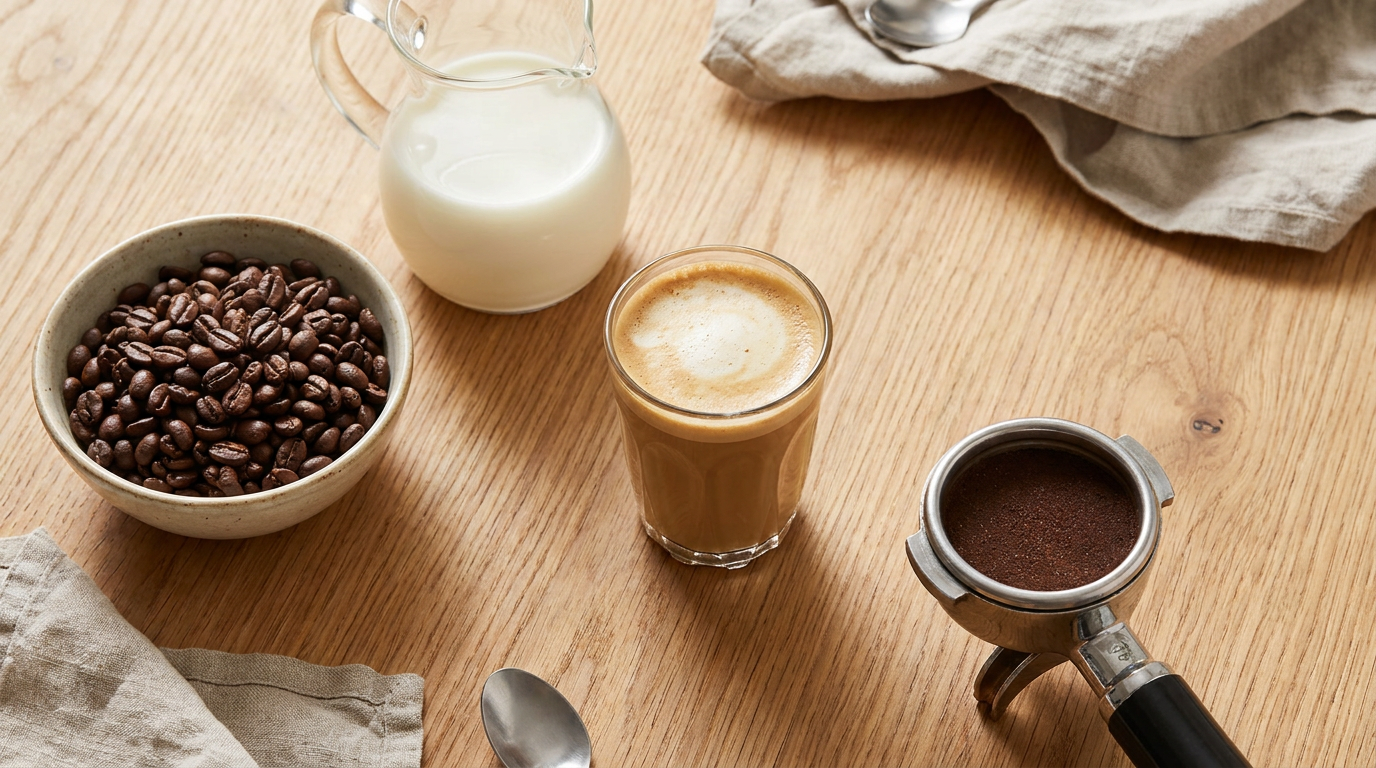 Taze kahve çekirdekleri ve süt seçenekleriyle piccolo latte hazırlığı