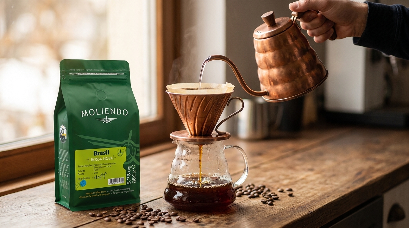 Gooseneck kettle ile pour-over demleme, yanında Moliendo Brasil Bossa Nova
