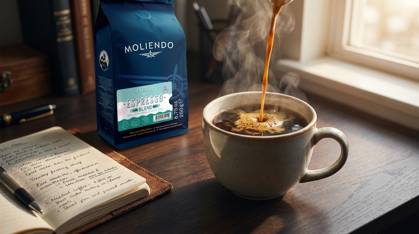 Filtre kahveye espresso eklenmiş red eye kahve, yanında Moliendo Ravello Espresso Blend