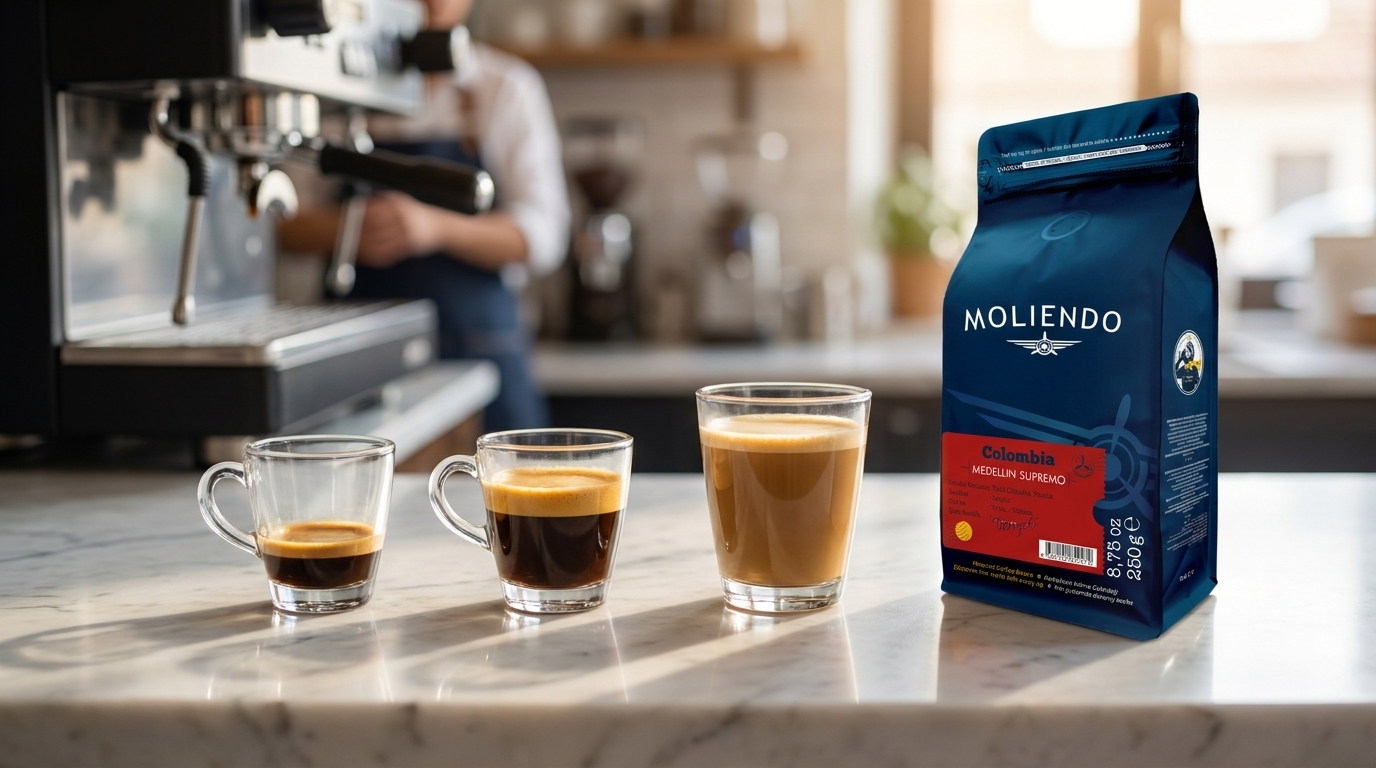 Ristretto, espresso ve lungo karşılaştırması, yanında Moliendo Colombia Medellin Supremo