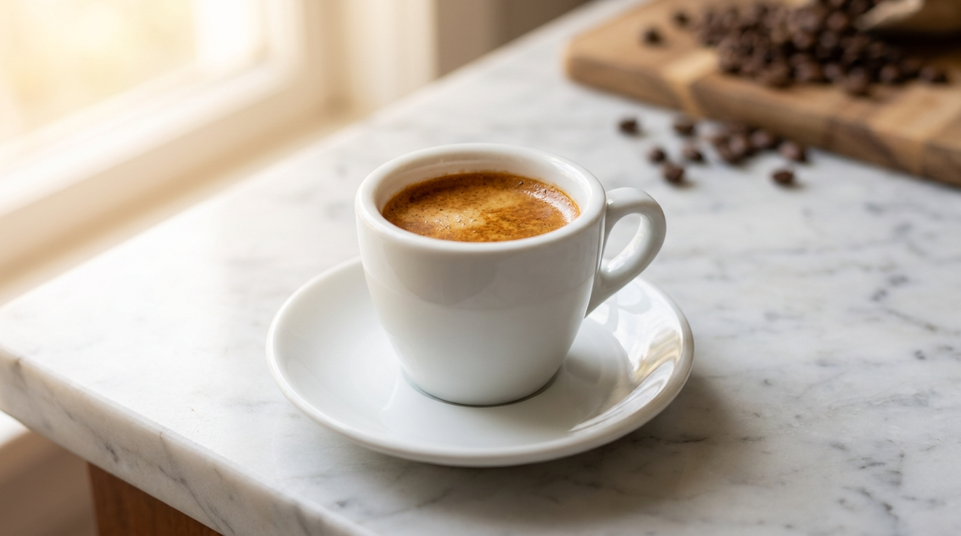 Krema tabakalı tek shot espresso, beyaz fincanda