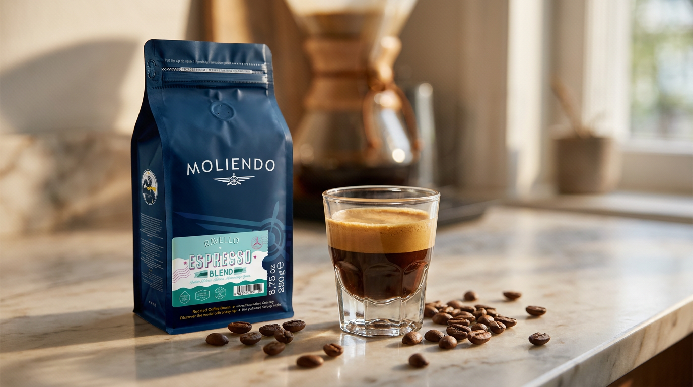 Konsantre ristretto shot, yanında Moliendo Ravello Espresso Blend