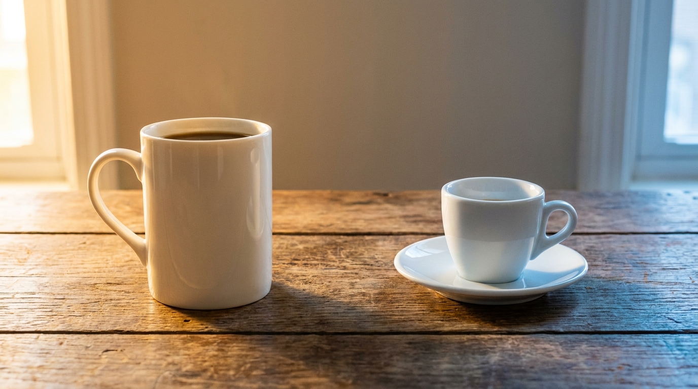 Yan yana duran sabah filtre kahvesi ve öğleden sonra espresso fincanı