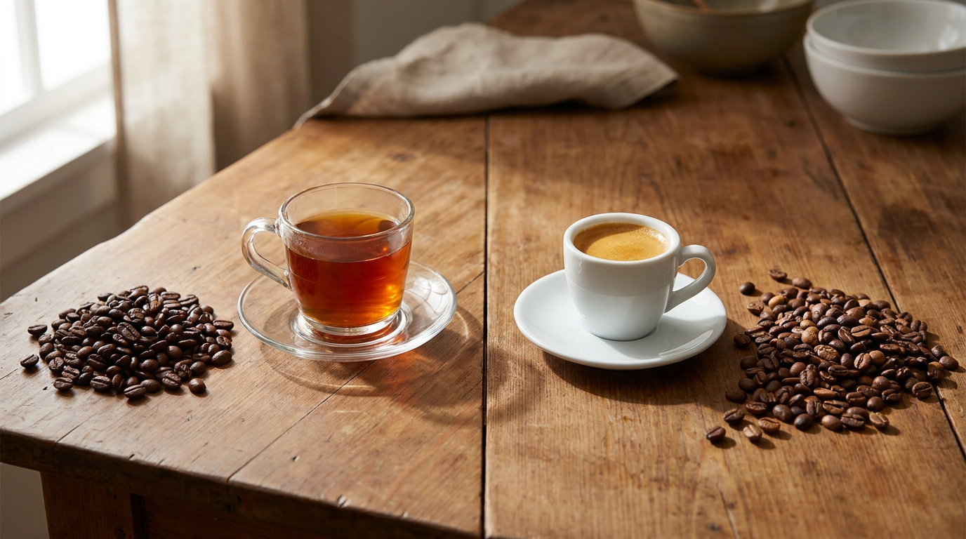 Yan yana single origin ve blend kahve çekirdekleri ile iki fincan kahve