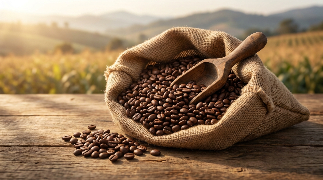 Tek bölgeden gelen single origin kahve çekirdekleri bir çuval üzerinde