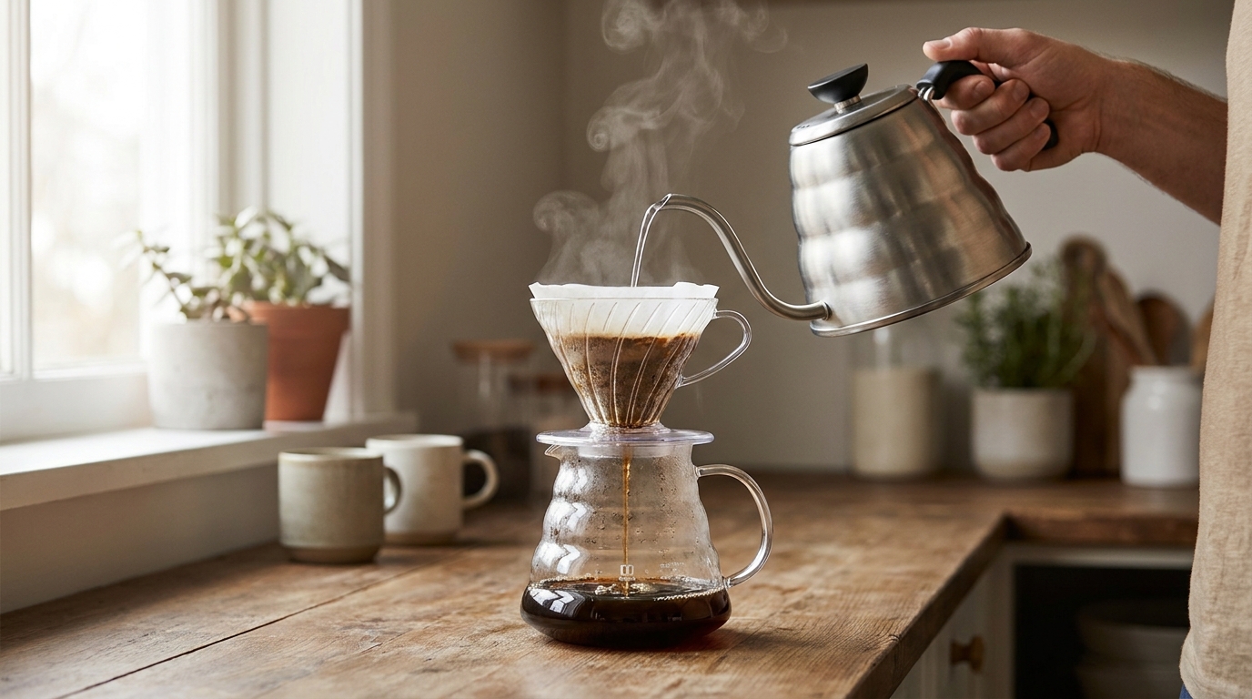 Pour over ile single origin filtre kahve demleyen kişi