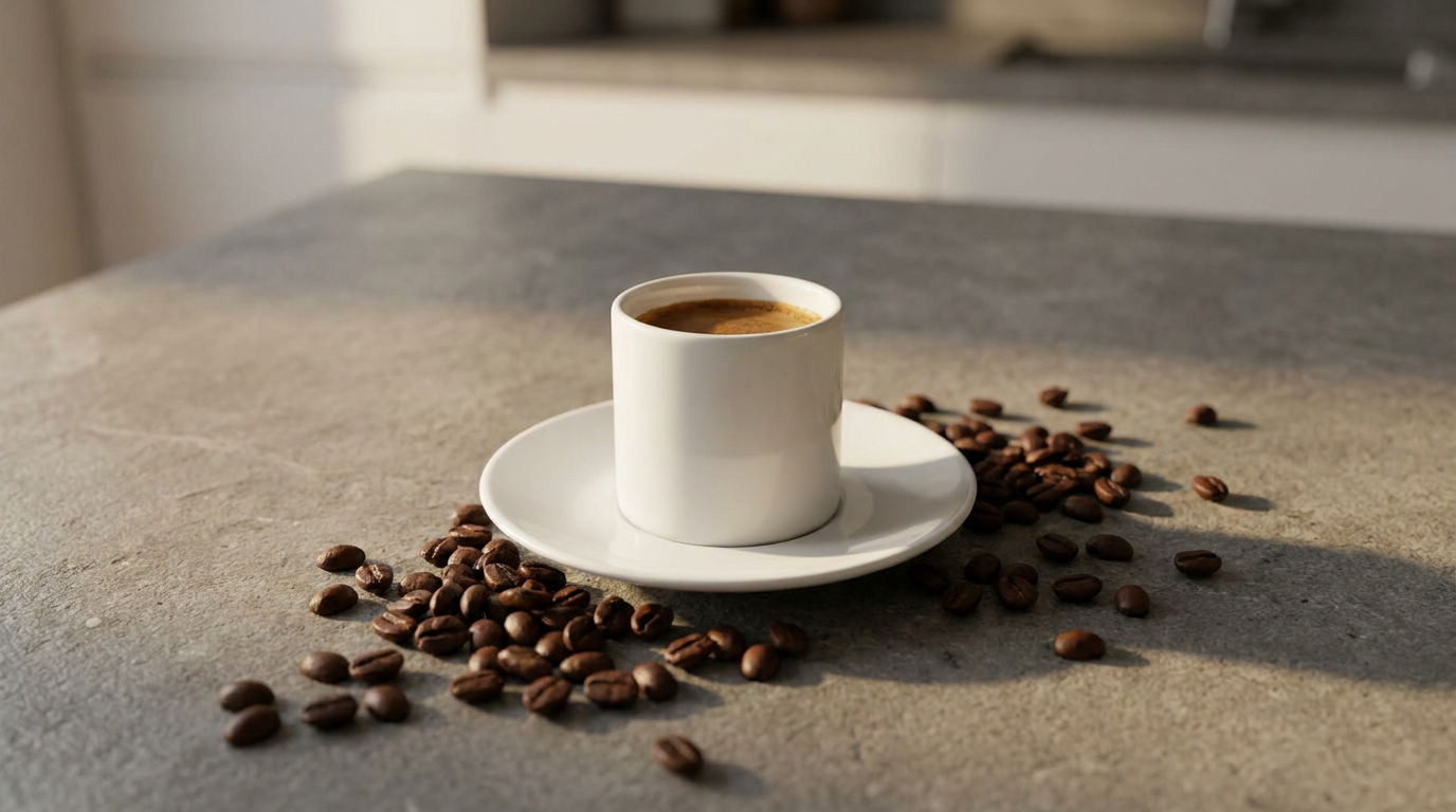 Bir fincan espresso yanında kahve çekirdekleri, kafein temasını yansıtan sade kompozisyon
