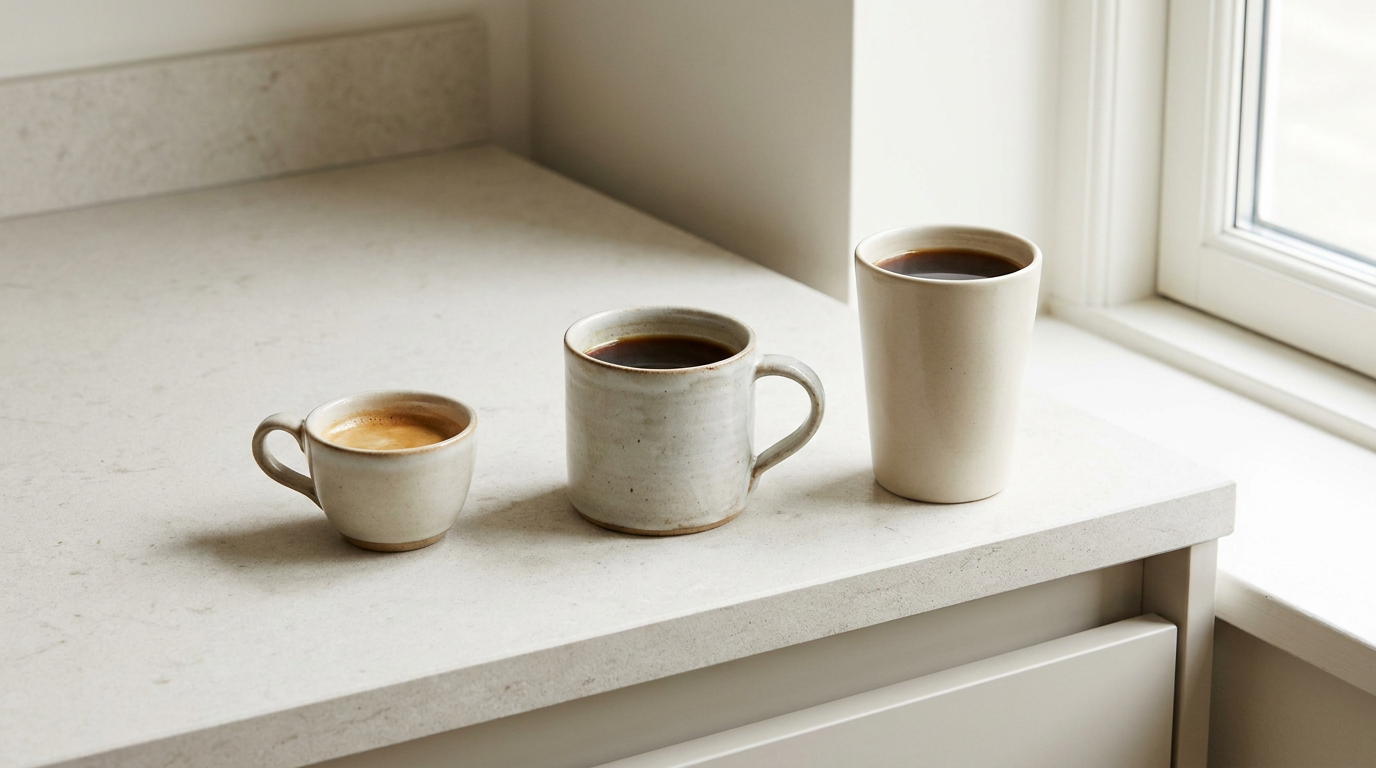 Farklı boyutlarda kahve fincanları ve espresso shotları, dozaj karşılaştırması