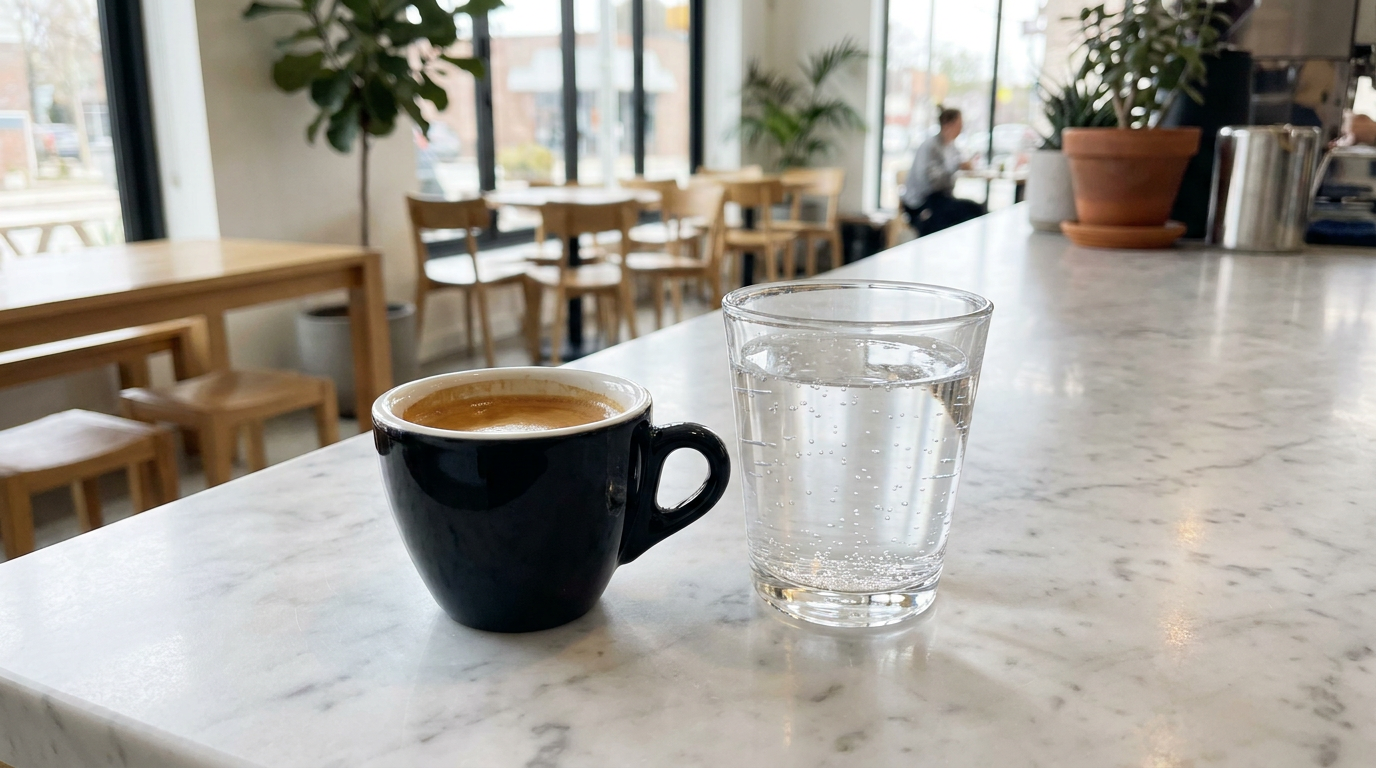 Espresso fincanı yanında bir bardak maden suyu, popüler kombinasyon