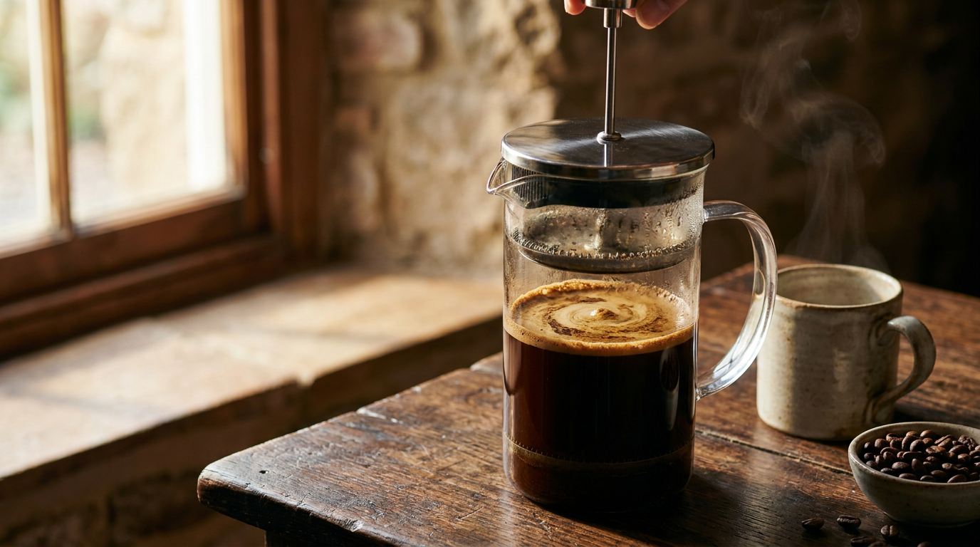 French press ile koyu gövdeli Sumatra kahvesi presleme