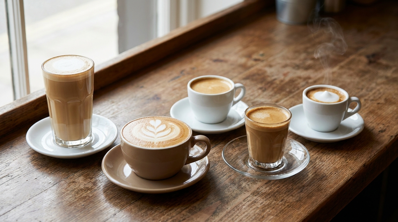 Latte, cappuccino, flat white ve cortado bardaklarının yan yana dizildiği sütlü kahve çeşitleri