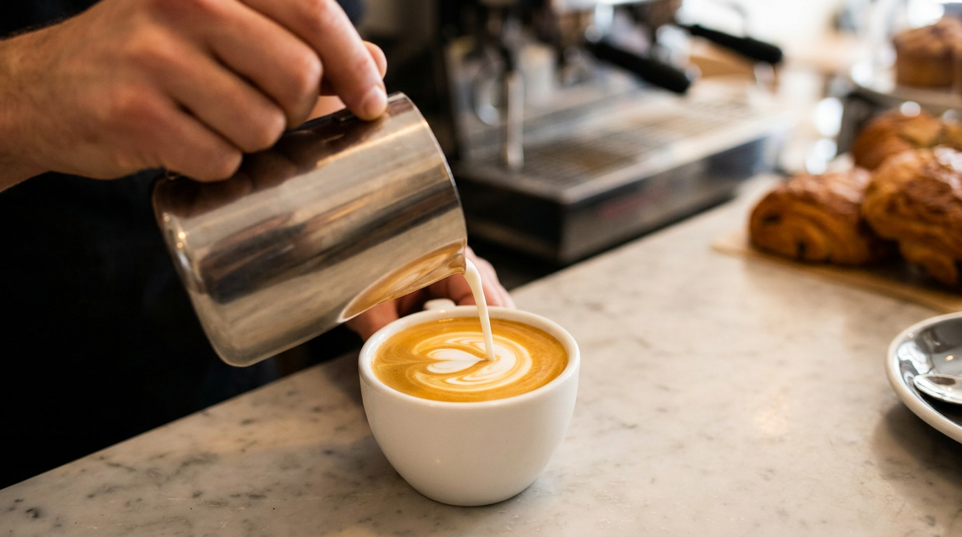 Espresso üzerine buharla ısıtılmış sütün döküldüğü sütlü kahve hazırlığı
