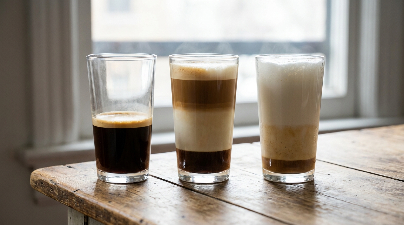 Espresso ve süt oranlarını gösteren cam bardaklarda katmanlı sütlü kahveler