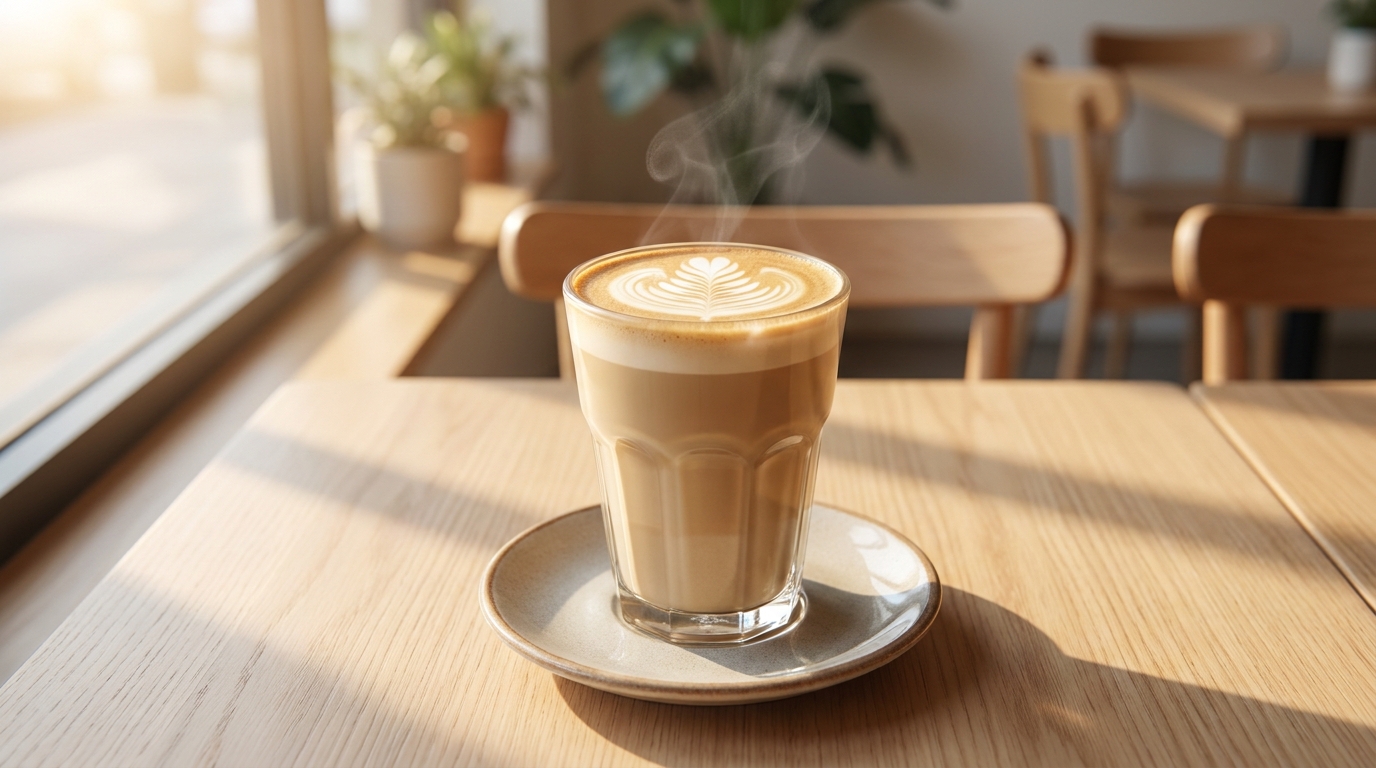 İnce süt köpüğü ve latte art ile hazırlanmış bir bardak latte