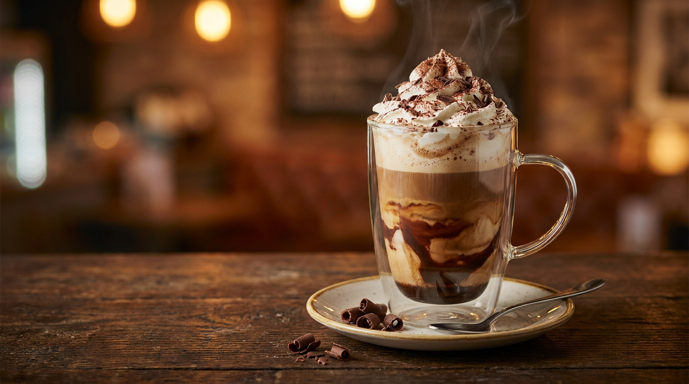 Krema ve kakao tozu ile süslenmiş çikolatalı mocha
