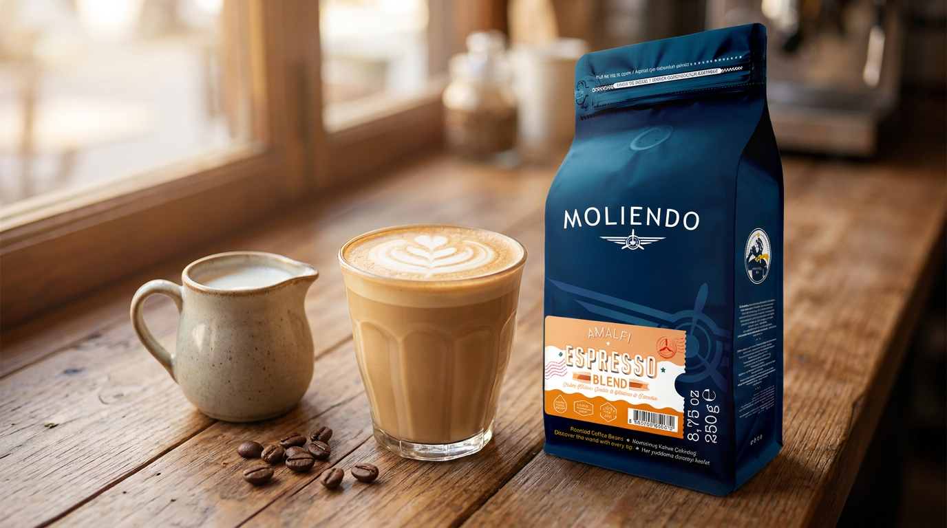 Bardakta kremalı sütlü kahve ve süt sürahisi, yanında Moliendo Amalfi Espresso Blend