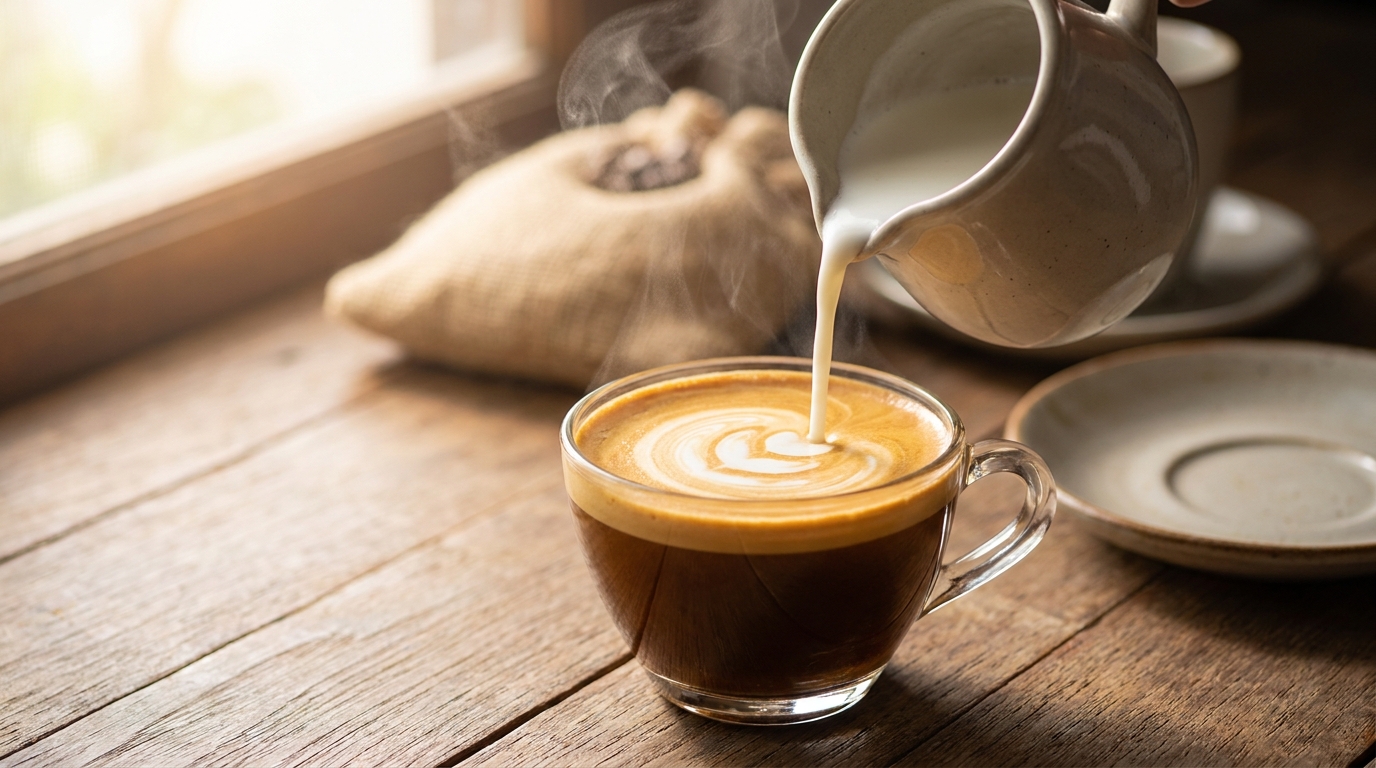 Espresso üzerine ısıtılmış süt dökerek sütlü kahve hazırlama