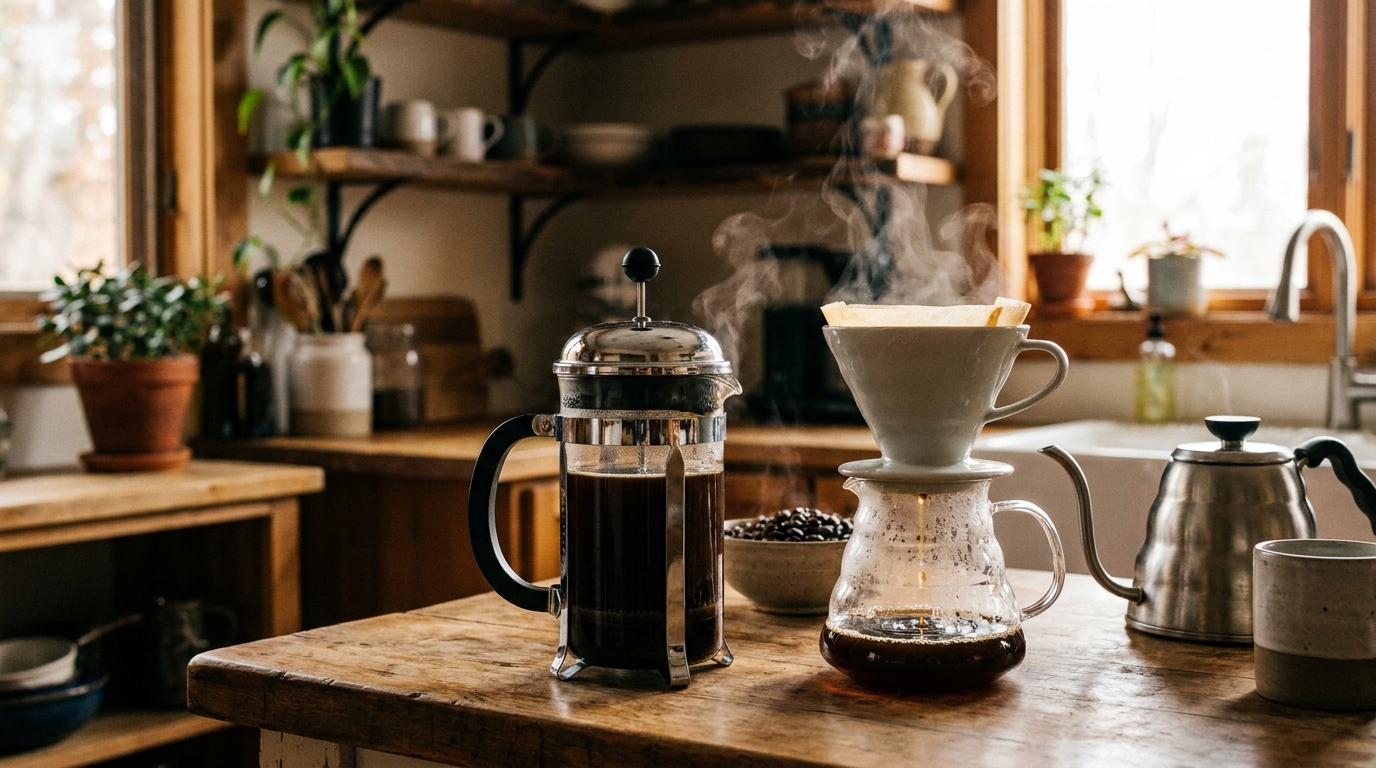 French press ve filtre kahve ekipmanlarıyla demleme sahnesi