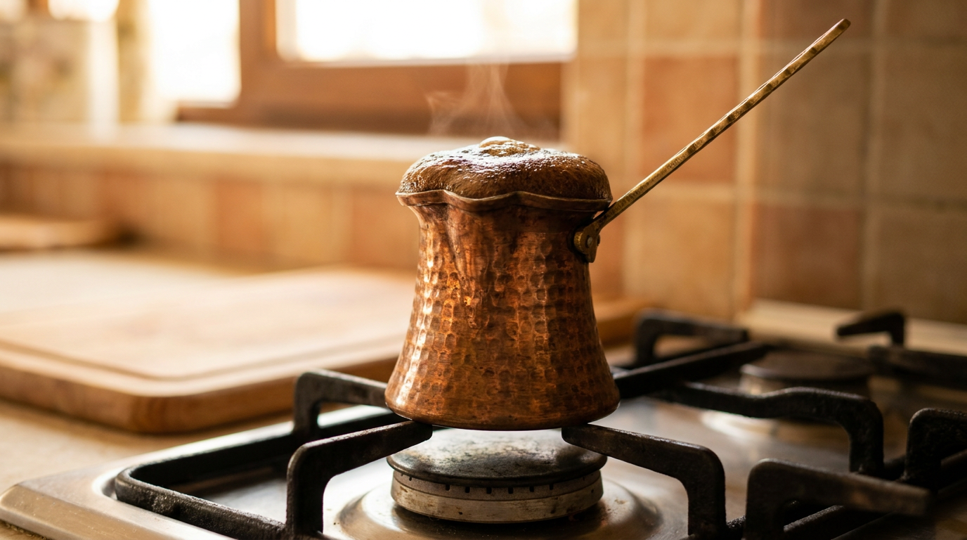 Ocakta bakır cezvede köpürerek pişen Türk kahvesi