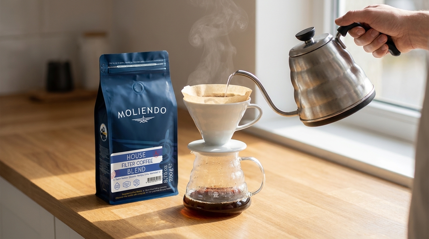 V60 pour over demleme ve Moliendo House Filter Coffee Blend