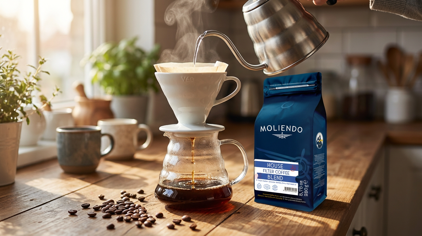 Seramik V60 ile pour-over demleme, yanında Moliendo House Filter Coffee Blend