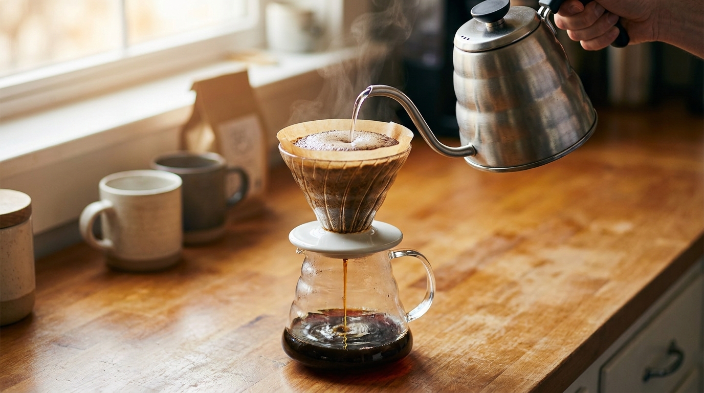 V60 konisine gooseneck kettle ile dairesel su dökme ve blooming