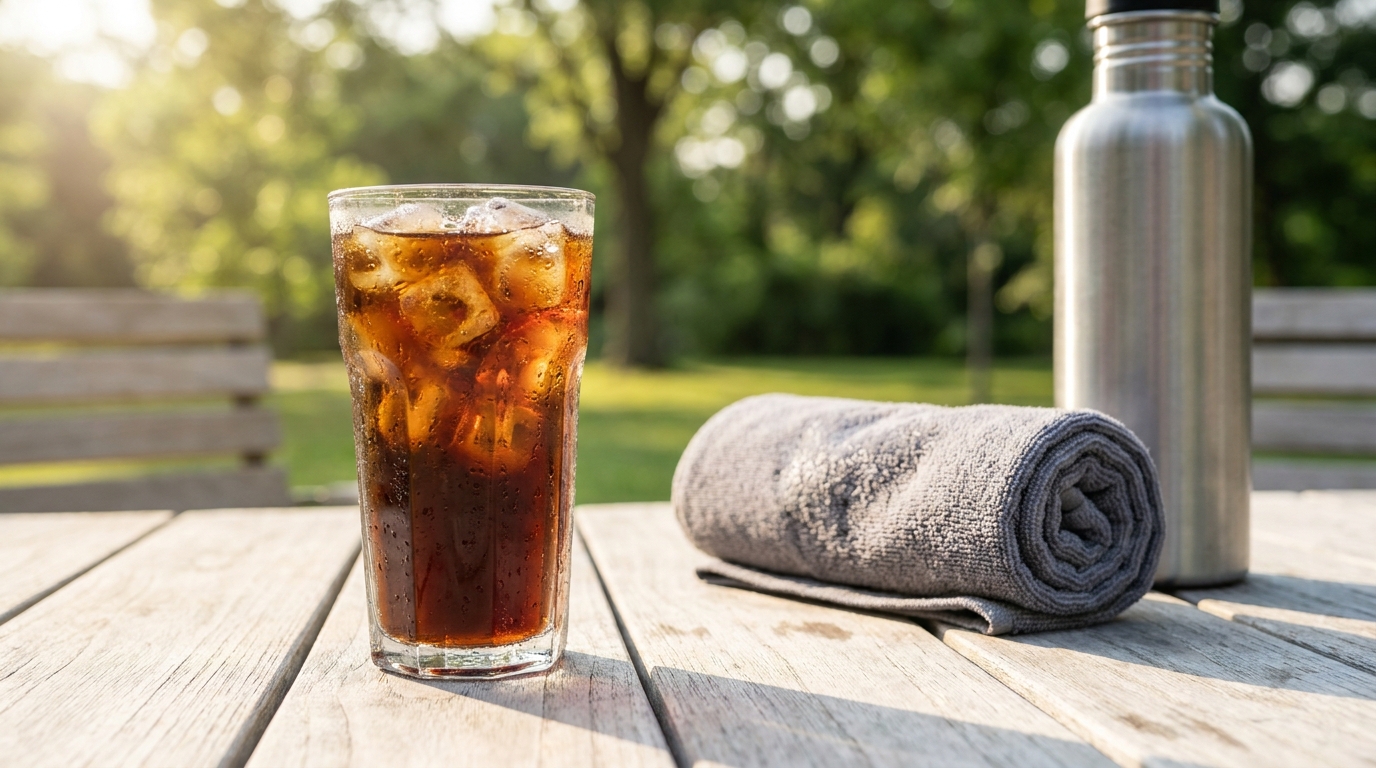 Yaz sabahı buzlu cold brew kahve ile spor öncesi hazırlık
