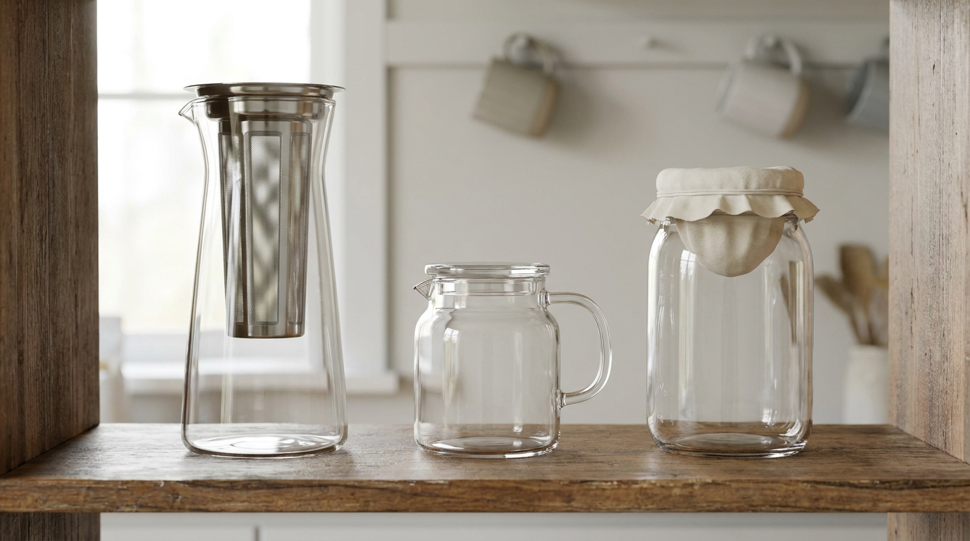 Cold brew demleme için sürahi ve kavanoz gibi ekipmanlar