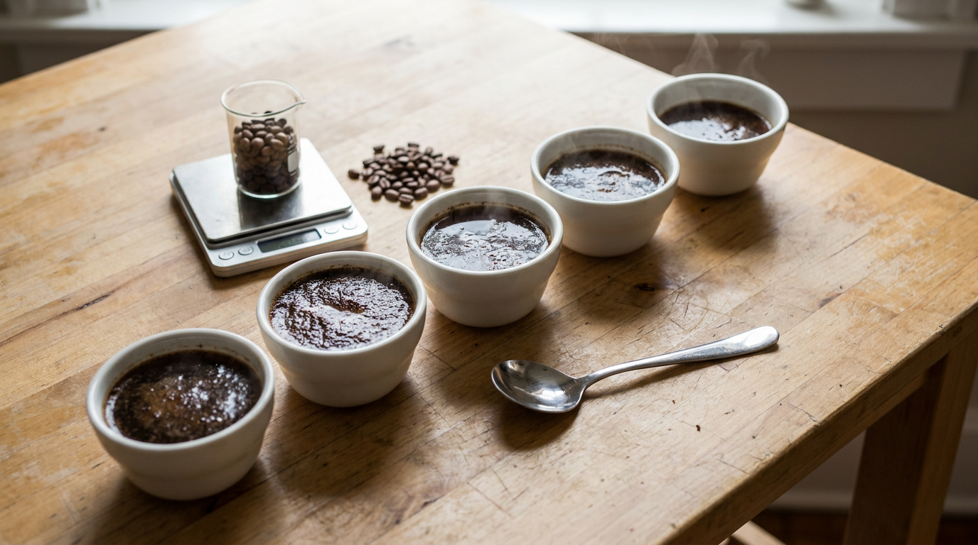 Kahve tadımı için hazırlanmış cupping masası ve fincanlar