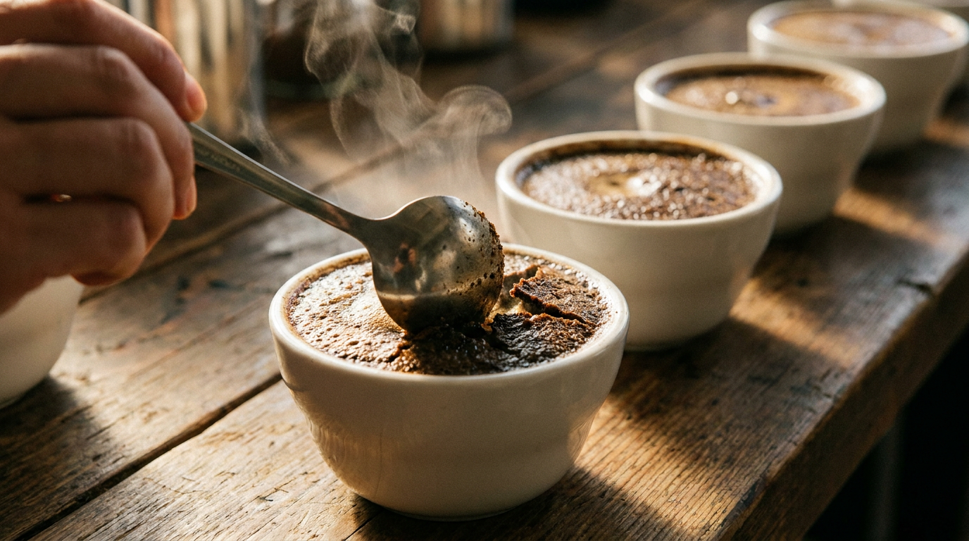 Cupping kaşığıyla yüzey kabuğunu kıran tadımcının eli